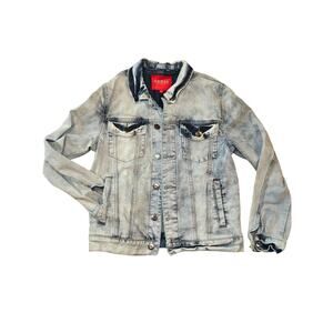 Mens guess denim jean jacket size medium light contrast wash trucker distressed